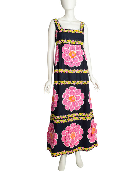 Saks Fifth Avenue Vintage Vivid Bright Pink 3D Flower Deep Blue Cotton Maxi Dress