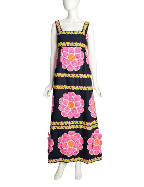 Saks Fifth Avenue Vintage Vivid Bright Pink 3D Flower Deep Blue Cotton Maxi Dress