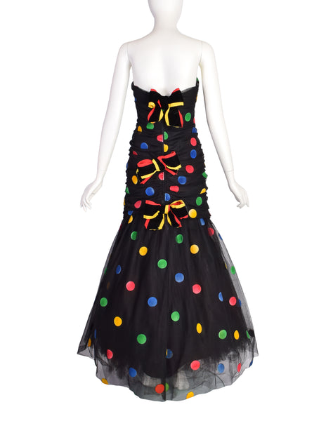 Scaasi Vintage 1980s Black Multicolor Polka Dot Mesh Tulle Ruched Trumpet Party Dress