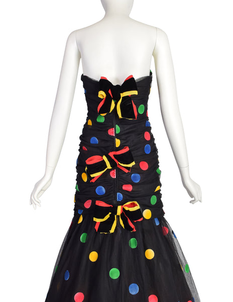 Scaasi Vintage 1980s Black Multicolor Polka Dot Mesh Tulle Ruched Trumpet Party Dress
