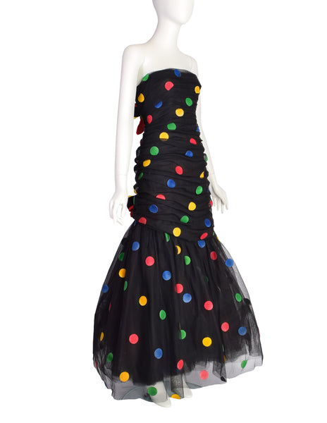 Scaasi Vintage 1980s Black Multicolor Polka Dot Mesh Tulle Ruched Trumpet Party Dress