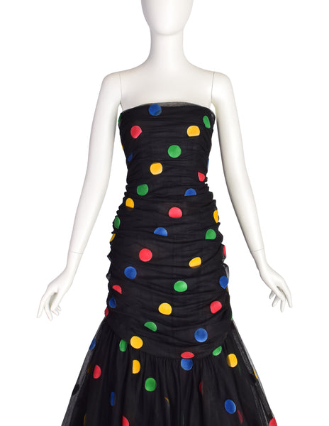 Scaasi Vintage 1980s Black Multicolor Polka Dot Mesh Tulle Ruched Trumpet Party Dress
