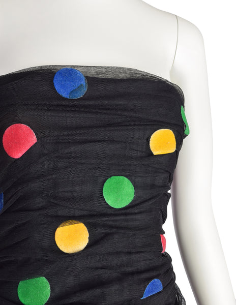 Scaasi Vintage 1980s Black Multicolor Polka Dot Mesh Tulle Ruched Trumpet Party Dress