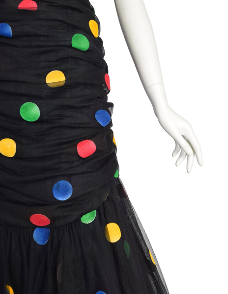 Scaasi Vintage 1980s Black Multicolor Polka Dot Mesh Tulle Ruched Trumpet Party Dress