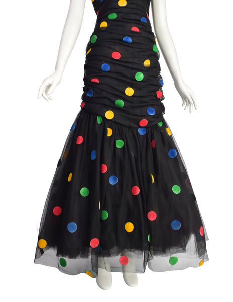 Scaasi Vintage 1980s Black Multicolor Polka Dot Mesh Tulle Ruched Trumpet Party Dress