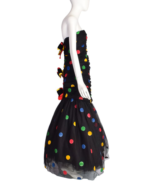 Scaasi Vintage 1980s Black Multicolor Polka Dot Mesh Tulle Ruched Trumpet Party Dress