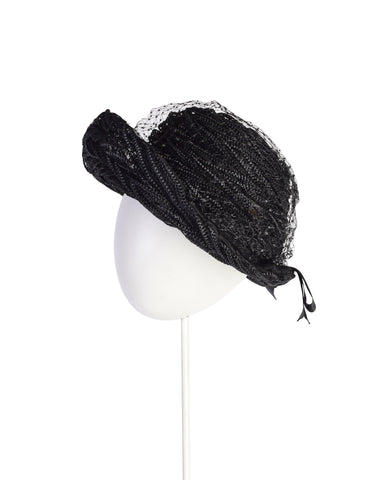Schiaparelli Vintage 1950s Black Intricate Woven Raffia Fishnet Hat
