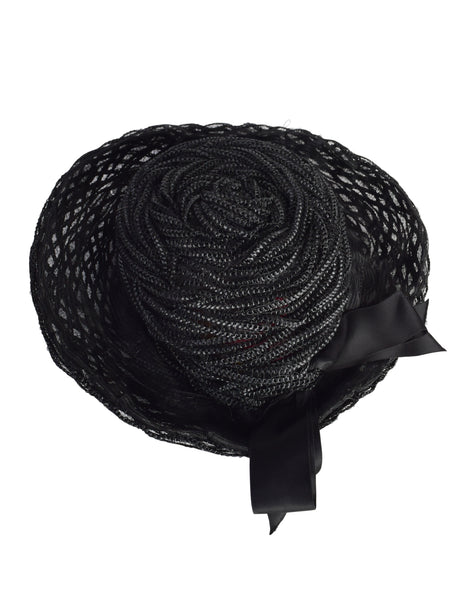 Schiaparelli Vintage 1950s Black Intricate Woven Raffia Fishnet Hat