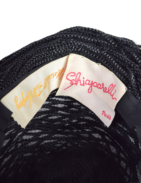 Schiaparelli Vintage 1950s Black Intricate Woven Raffia Fishnet Hat