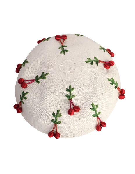 Schiaparelli Vintage 1950s White Woven Straw Embroidered Red Satin Cherry Hat