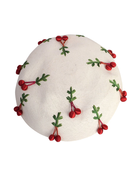 Schiaparelli Vintage 1950s White Woven Straw Embroidered Red Satin Cherry Hat