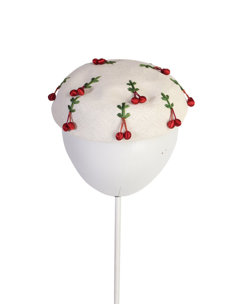 Schiaparelli Vintage 1950s White Woven Straw Embroidered Red Satin Cherry Hat
