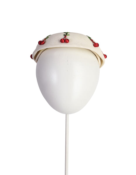 Schiaparelli Vintage 1950s White Woven Straw Embroidered Red Satin Cherry Hat