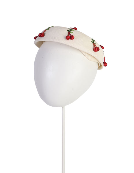 Schiaparelli Vintage 1950s White Woven Straw Embroidered Red Satin Cherry Hat