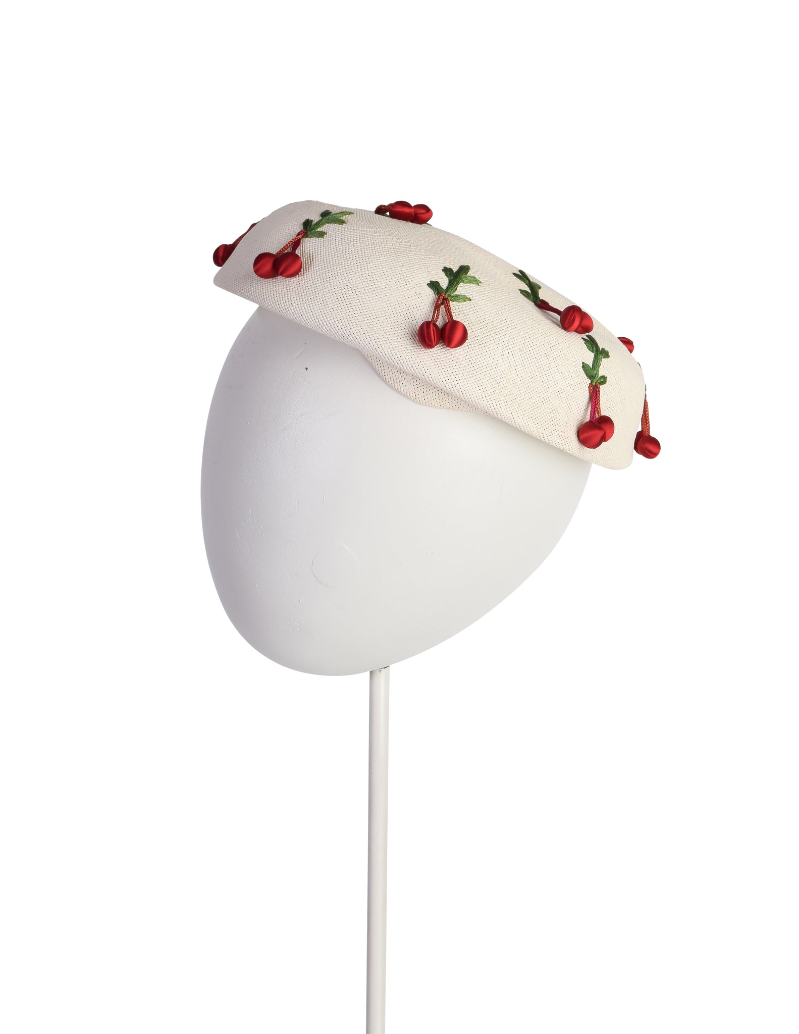 Schiaparelli Vintage 1950s White Woven Straw Embroidered Red Satin Cherry Hat