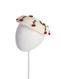 Schiaparelli Vintage 1950s White Woven Straw Embroidered Red Satin Cherry Hat