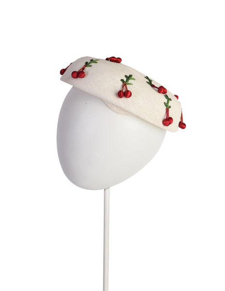Schiaparelli Vintage 1950s White Woven Straw Embroidered Red Satin Cherry Hat
