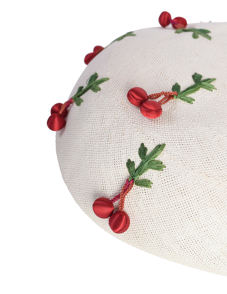 Schiaparelli Vintage 1950s White Woven Straw Embroidered Red Satin Cherry Hat