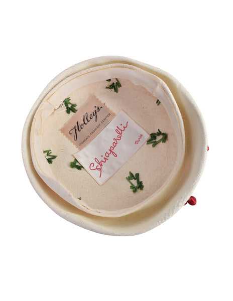 Schiaparelli Vintage 1950s White Woven Straw Embroidered Red Satin Cherry Hat