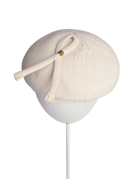Schiaparelli Vintage 1960s Creamy Off White Embroidered Structured Hat