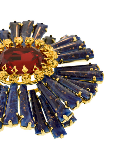 Schreiner Vintage Blue Lapis Red Yellow Gold Ruffle Massive Brooch Pin