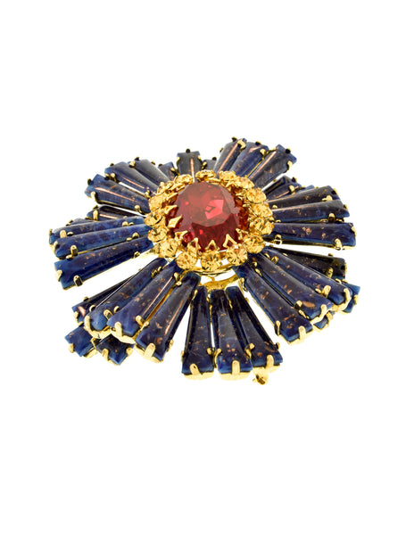 Schreiner Vintage Blue Lapis Red Yellow Gold Ruffle Massive Brooch Pin