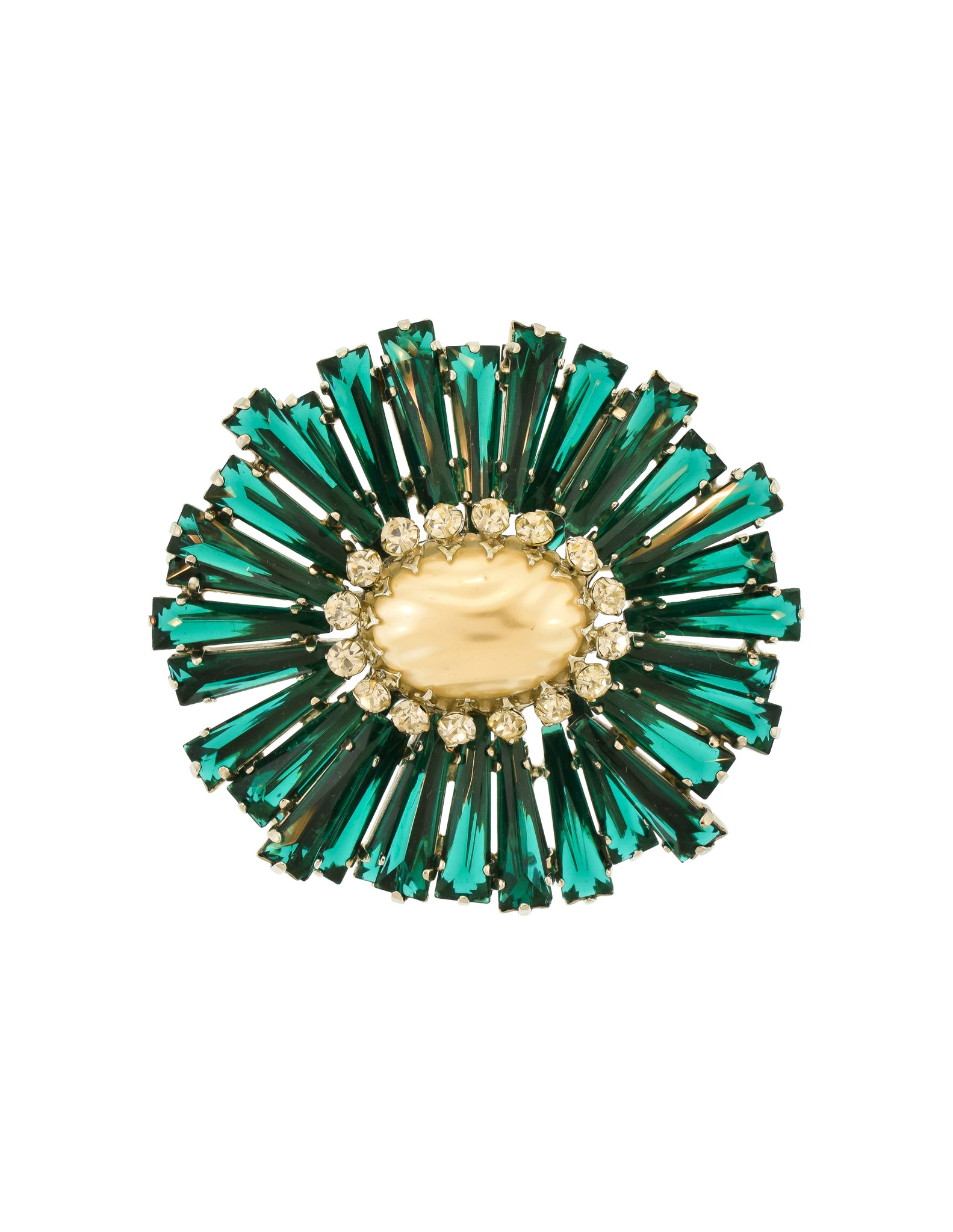 Schreiner Vintage Emerald Green Pearl Silver Massive Ruffle Brooch Pin
