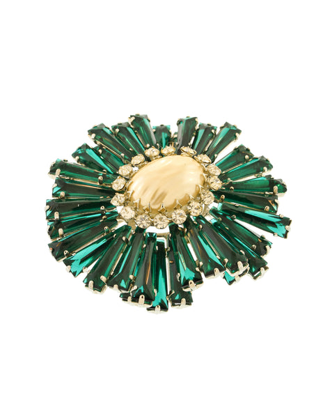 Schreiner Vintage Emerald Green Pearl Silver Massive Ruffle Brooch Pin