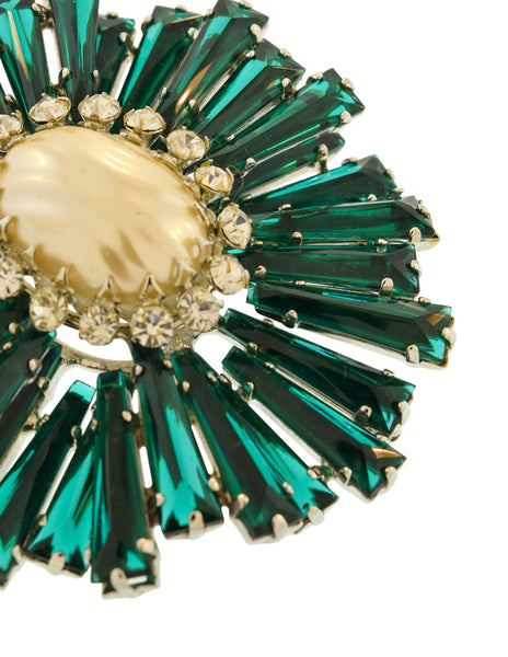 Schreiner Vintage Emerald Green Pearl Silver Massive Ruffle Brooch Pin