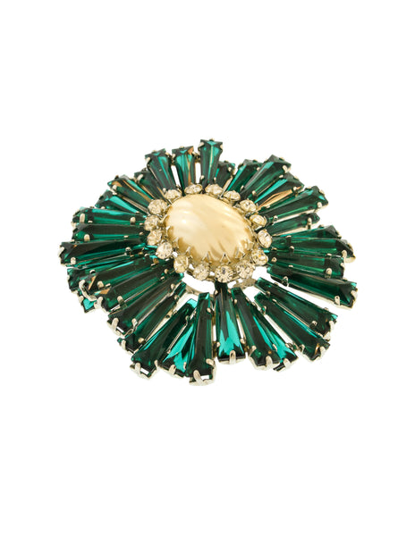 Schreiner Vintage Emerald Green Pearl Silver Massive Ruffle Brooch Pin