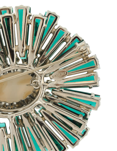 Schreiner Vintage Emerald Green Pearl Silver Massive Ruffle Brooch Pin