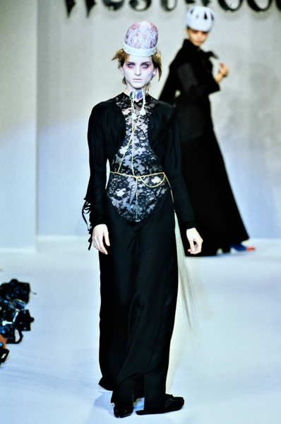 Vivienne Westwood AW 1996 Gold Label Asymmetrical One Shoulder Black Lace Overlay Illusion Corset Top