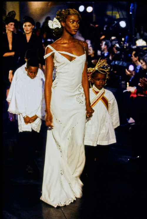 John Galliano Vintage SS 1996 Exceptional Black Embridered Eyelet Floral Asymmetric Full Length Gown