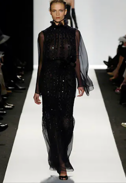 slim fit dress slacks Sequined, long, sheer black, short sleeved dress main image 0