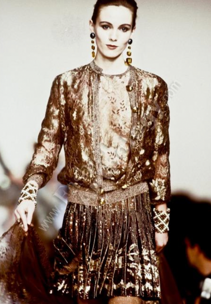 Valentino Vintage AW 1990 Brown Gold Floral Sequin Chiffon Pleated