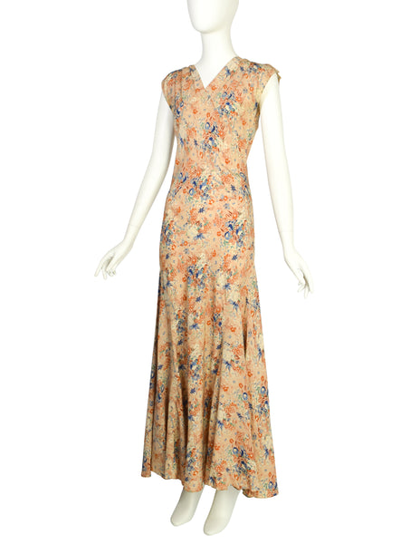 Scruggs Vandervoort & Barney Vintage 1930s Beige Floral Crepe de Chine Bias Dress