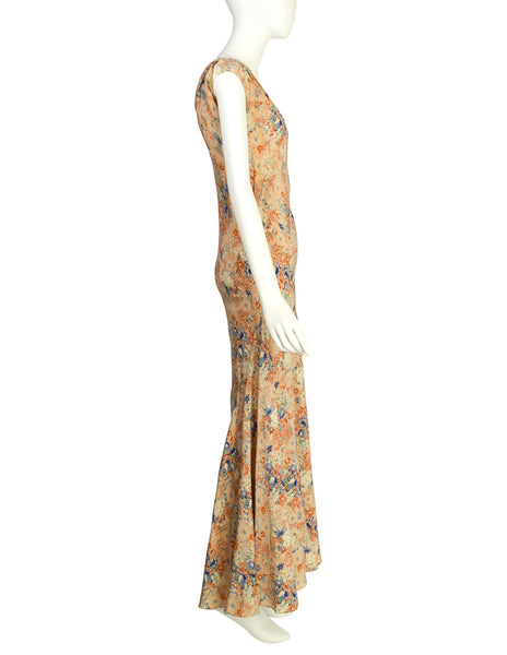 Scruggs Vandervoort & Barney Vintage 1930s Beige Floral Crepe de Chine Bias Dress