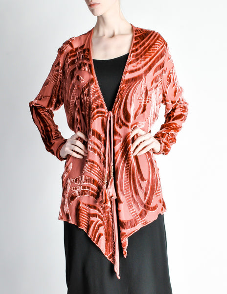Vintage Rose Pink Silk Velvet Burnout Kimono Cardigan - Amarcord Vintage Fashion
 - 5