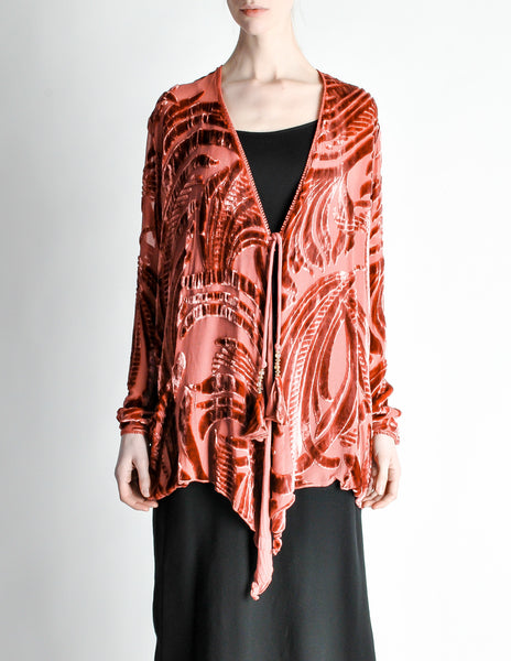 Vintage Rose Pink Silk Velvet Burnout Kimono Cardigan - Amarcord Vintage Fashion
 - 2