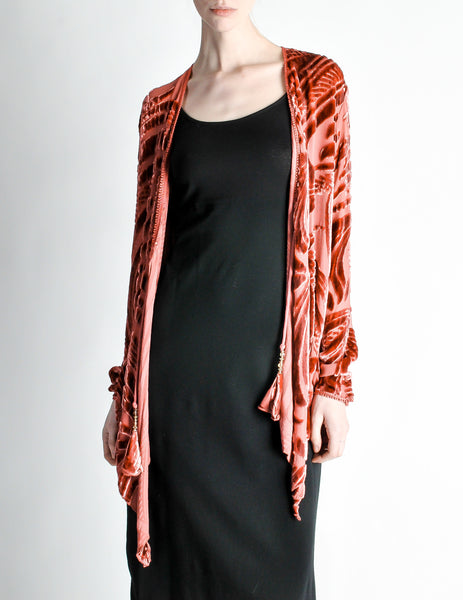 Vintage Rose Pink Silk Velvet Burnout Kimono Cardigan - Amarcord Vintage Fashion
 - 3