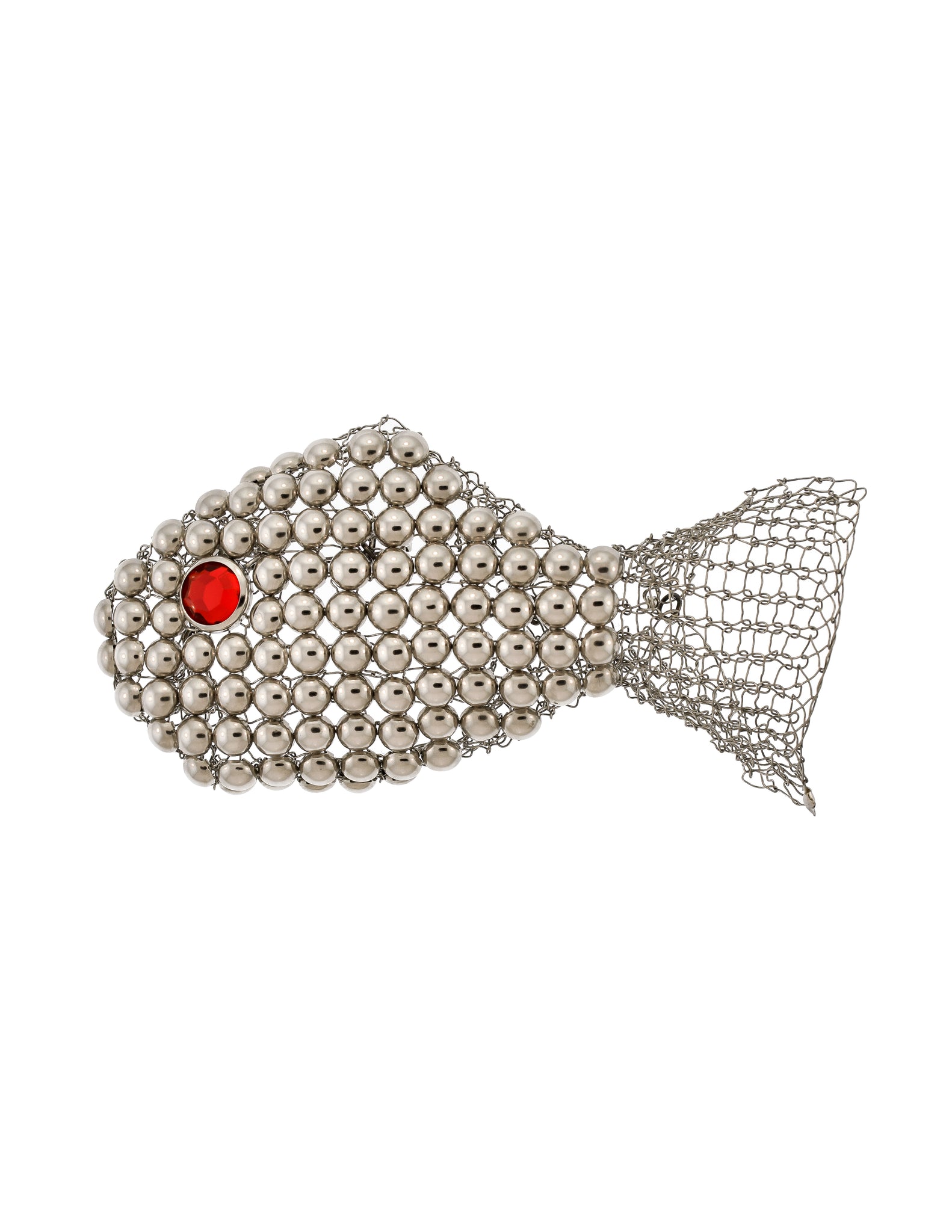 Vintage Artisan Silver Woven Wire Ball Stud Embellished Red Rhinestone Fish Brooch Pin