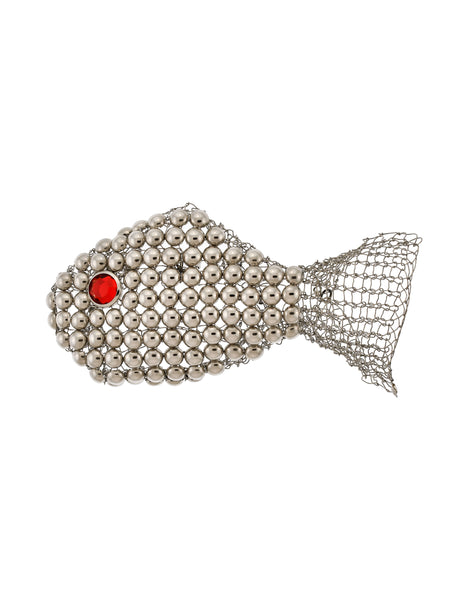 Vintage Artisan Silver Woven Wire Ball Stud Embellished Red Rhinestone Fish Brooch Pin