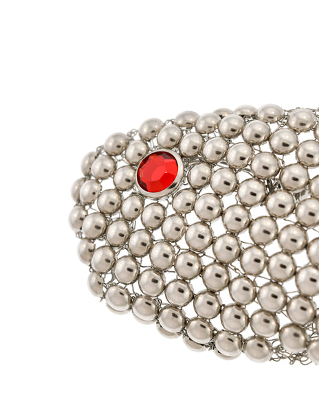 Vintage Artisan Silver Woven Wire Ball Stud Embellished Red Rhinestone Fish Brooch Pin