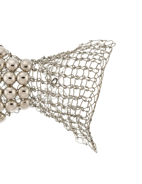 Vintage Artisan Silver Woven Wire Ball Stud Embellished Red Rhinestone Fish Brooch Pin