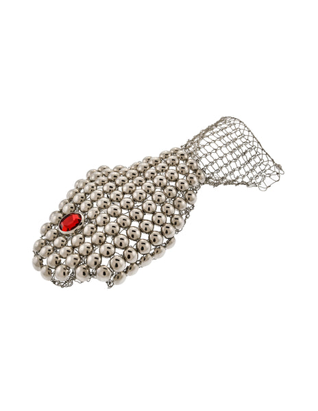 Vintage Artisan Silver Woven Wire Ball Stud Embellished Red Rhinestone Fish Brooch Pin
