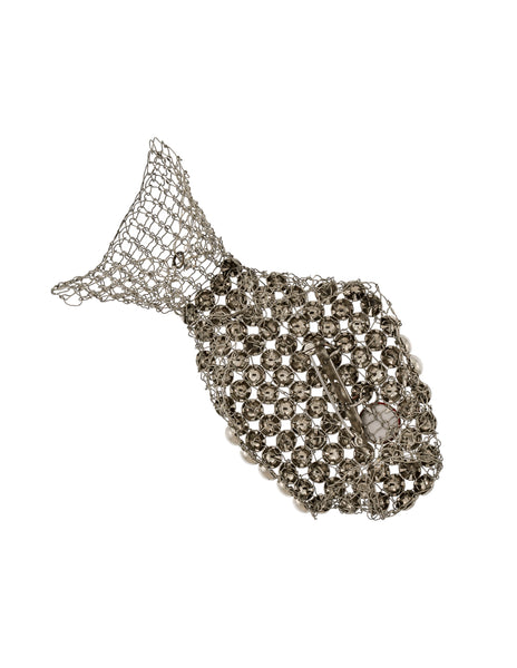 Vintage Artisan Silver Woven Wire Ball Stud Embellished Red Rhinestone Fish Brooch Pin
