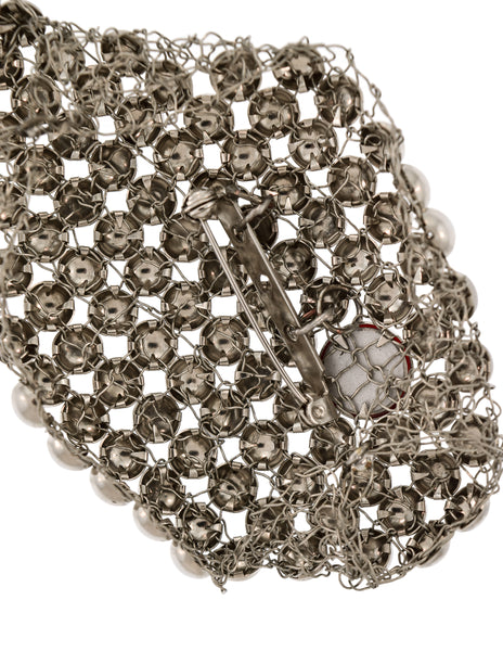 Vintage Artisan Silver Woven Wire Ball Stud Embellished Red Rhinestone Fish Brooch Pin