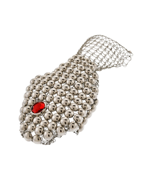 Vintage Artisan Silver Woven Wire Ball Stud Embellished Red Rhinestone Fish Brooch Pin