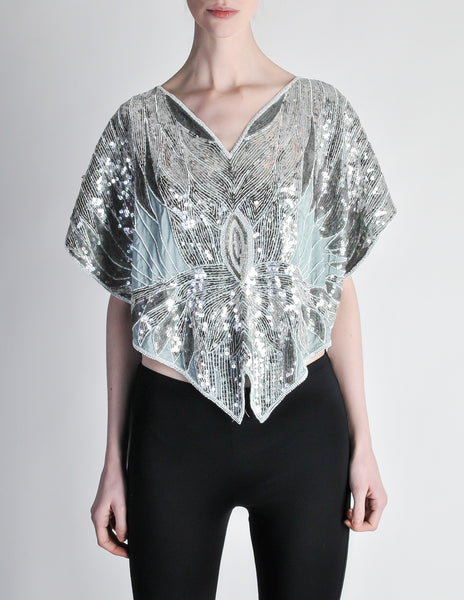 Vintage 1970s Silver Sequin Beaded Butterfly Top