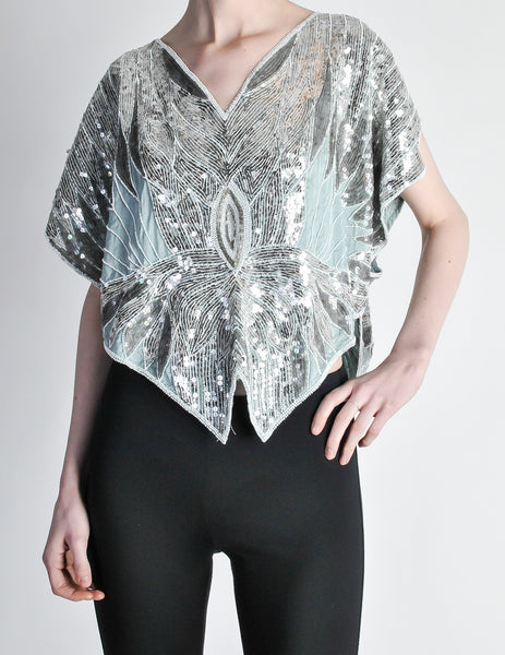 Vintage 1970s Silver Sequin Beaded Butterfly Top